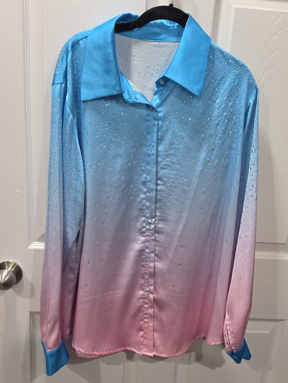 Ombre Blue to Pink Rhinestone Button-Up Blouse